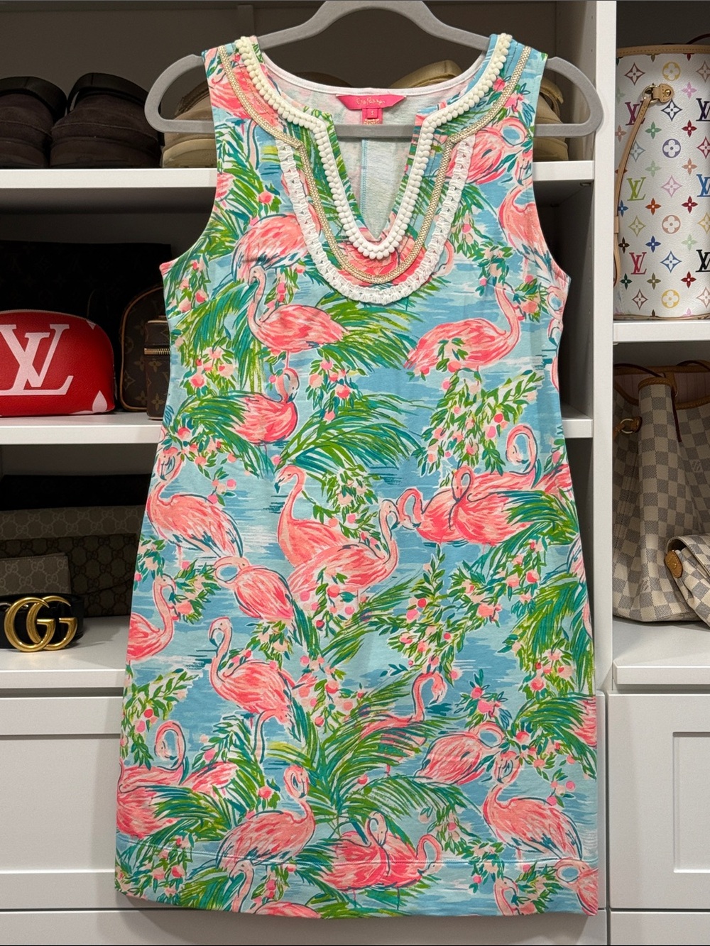 Lilly Pulitzer Pink Flamingo Print Shift Dress with Blue & Green Background